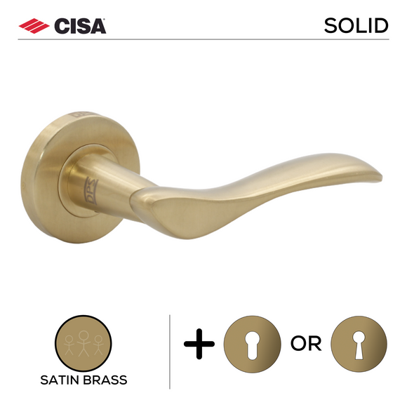 FS108.R._.SB, Lever Handles, Solid, On Round Rose, With Escutcheons, Satin Brass, CISA