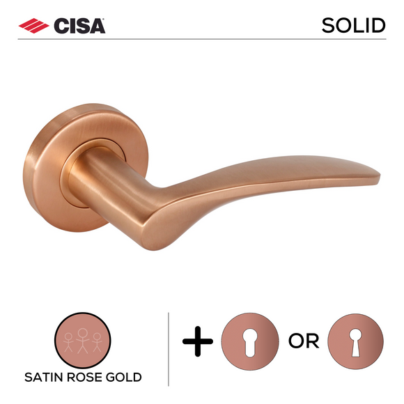 FS115.R._.SRG, Lever Handles, Solid, On Round Rose, With Escutcheons, Satin Rose Gold, CISA