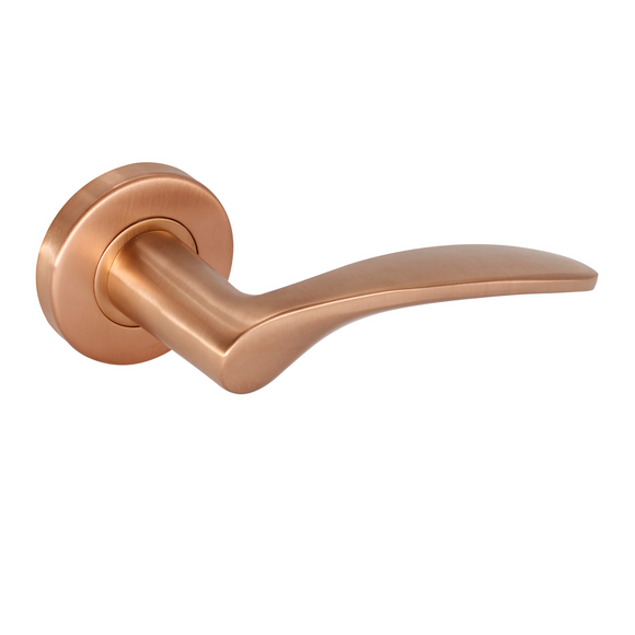 FS115.R._.SRG, Lever Handles, Solid, On Round Rose, With Escutcheons, Satin Rose Gold, CISA