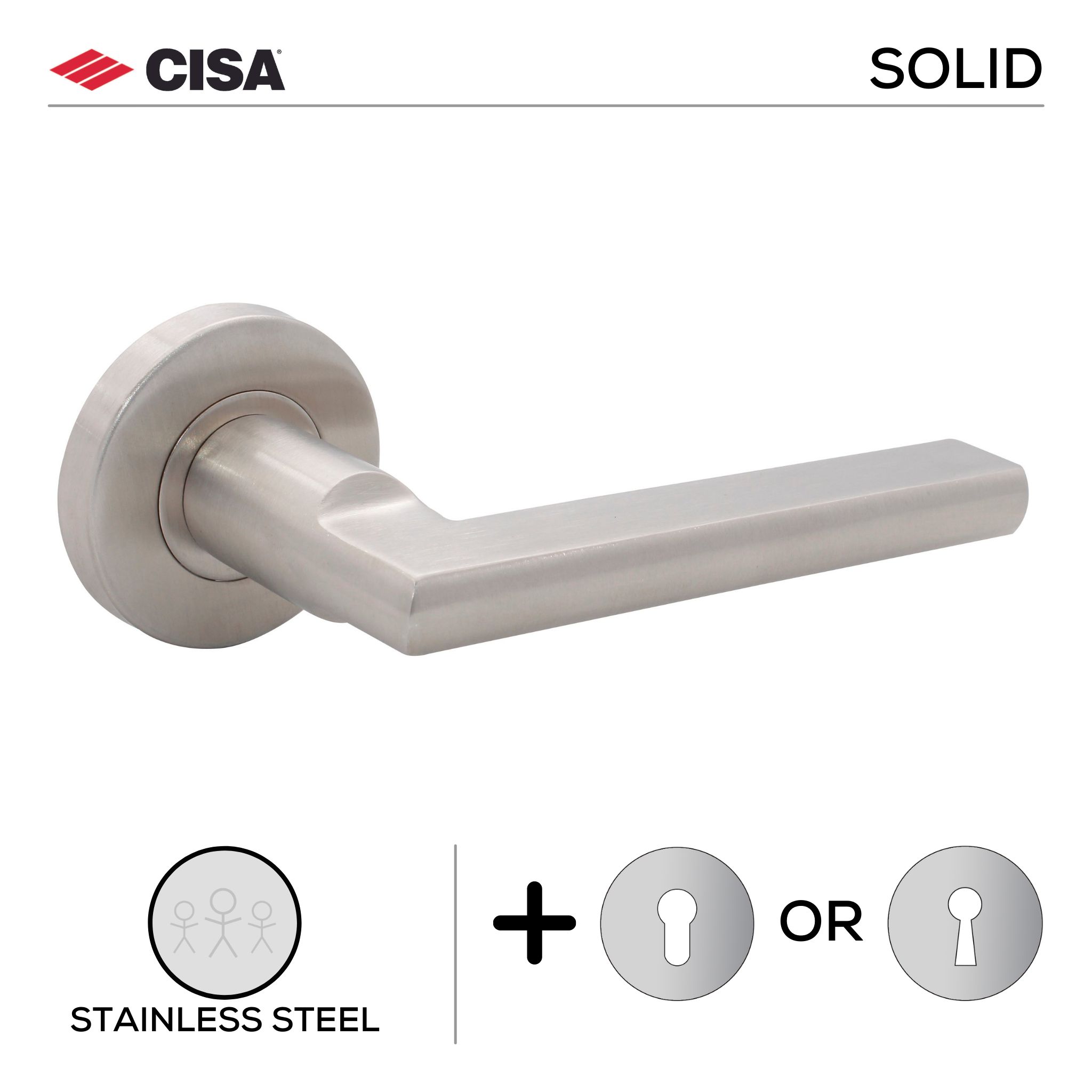 FS103.R._.SS, Lever Handles, Solid, On Round Rose, With Escutcheons, 134mm (l), Stainless Steel, CISA