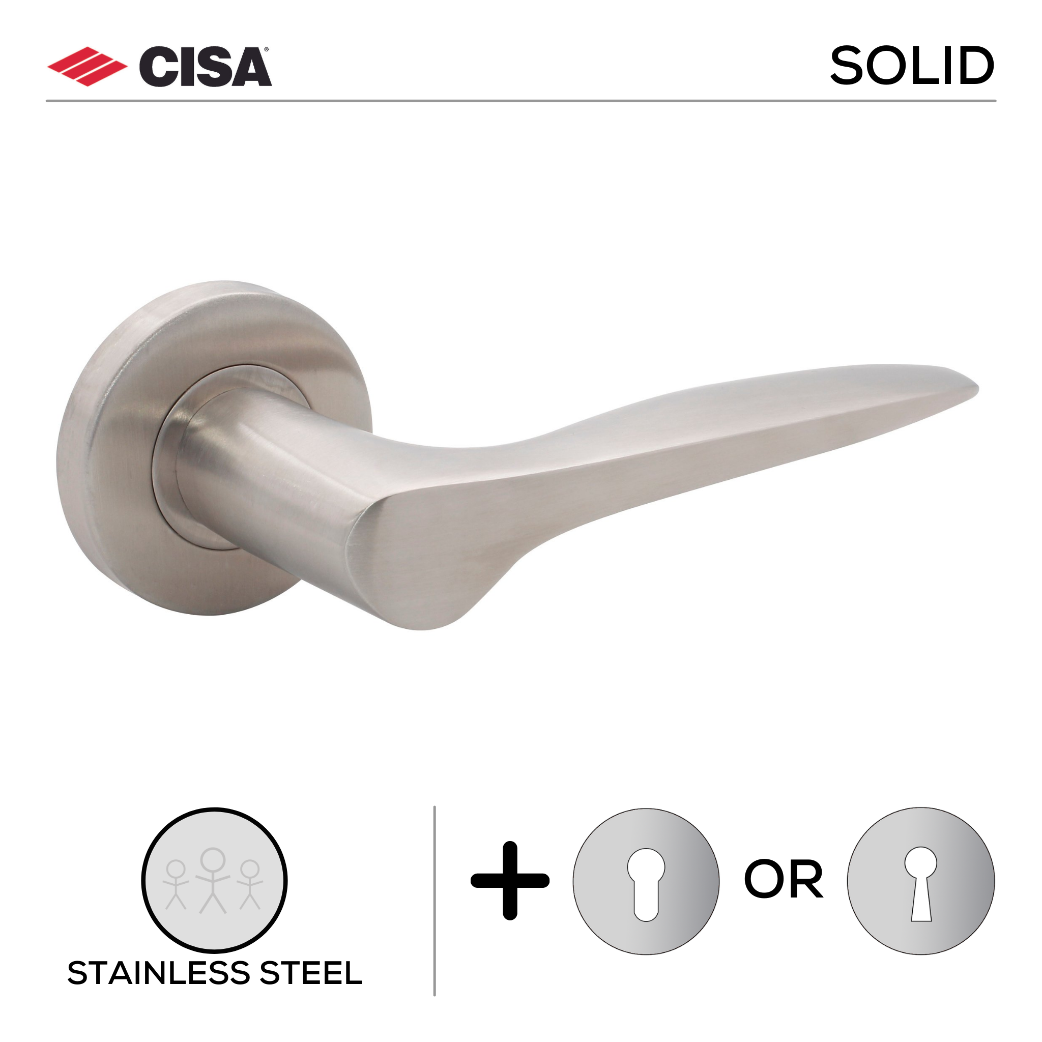 FS109.R._.SS, Lever Handles, Solid, On Round Rose, With Escutcheons, Stainless Steel, CISA