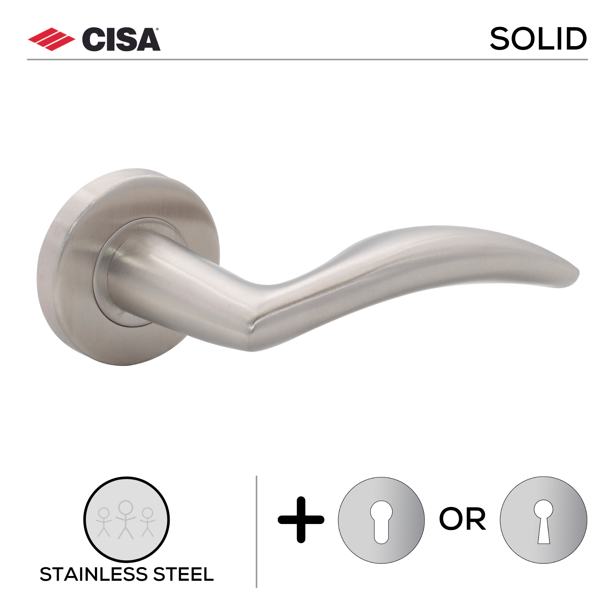 FS114.R._.SS, Lever Handles, Solid, On Round Rose, With Escutcheons, Stainless Steel, CISA