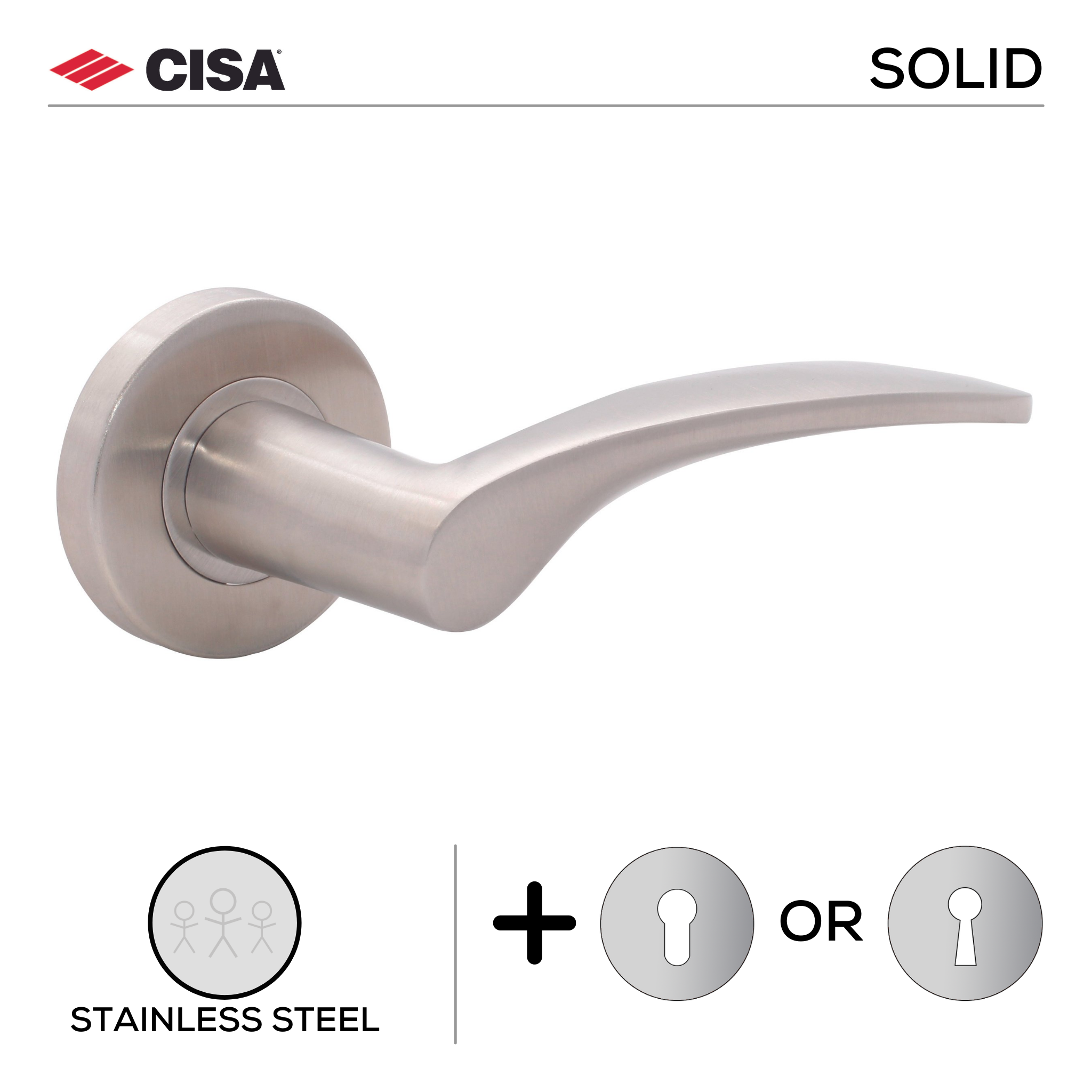 FS115.R._.SS, Lever Handles, Solid, On Round Rose, With Escutcheons, Stainless Steel, CISA