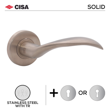 Main product view of CISA Stainless Steel Lever Handle, made for patio and sliding doors with tough stainless shine, 117mm (l).
