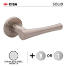 FS102.R._.TR, Lever Handles, Solid, On Round Rose, With Escutcheons, 138mm (l), Stainless Steel with Tarnish Resistant, CISA-1