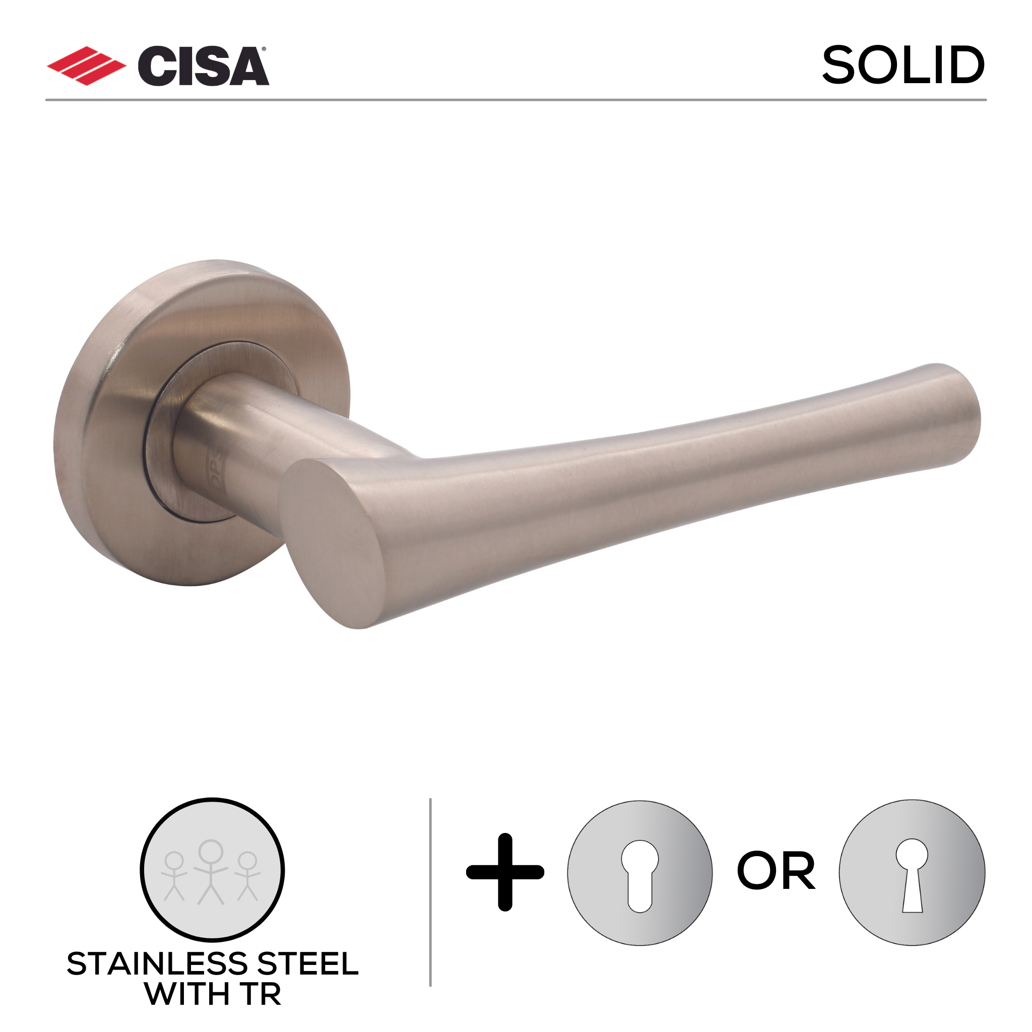 FS102.R._.TR, Lever Handles, Solid, On Round Rose, With Escutcheons, 138mm (l), Stainless Steel with Tarnish Resistant, CISA