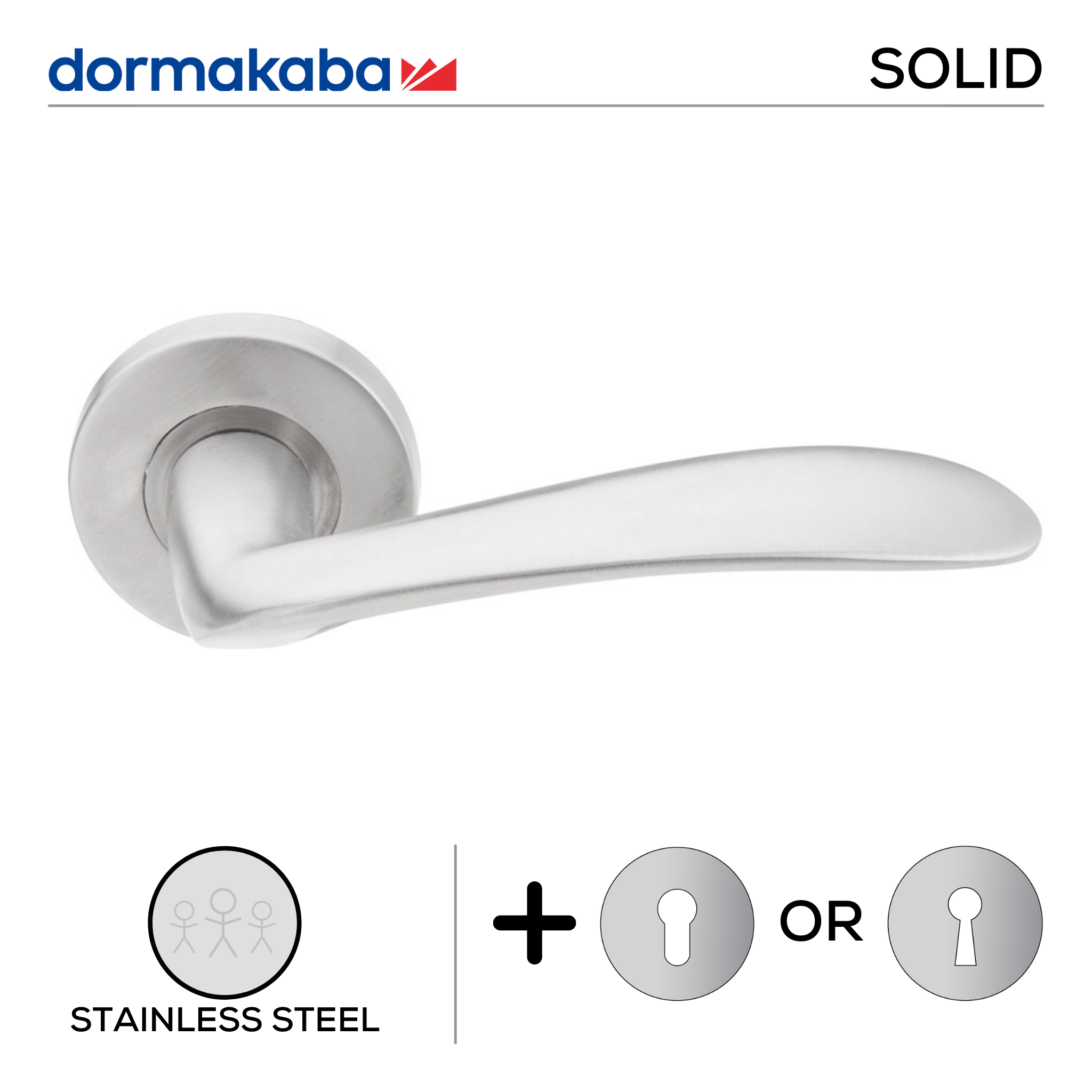 SH 810, Lever Handles, Solid, On Round Rose, With Escutcheons, 131mm (l), Stainless Steel, DORMAKABA
