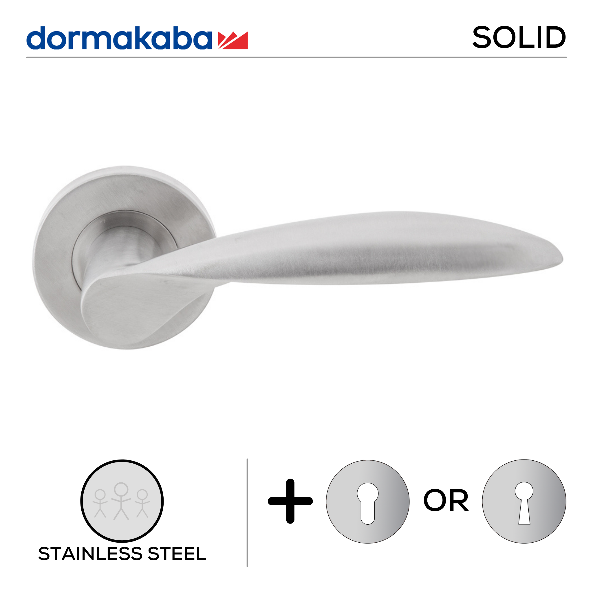 SH 811, Lever Handles, Solid, On Round Rose, With Escutcheons, 143mm (l), Stainless Steel, DORMAKABA