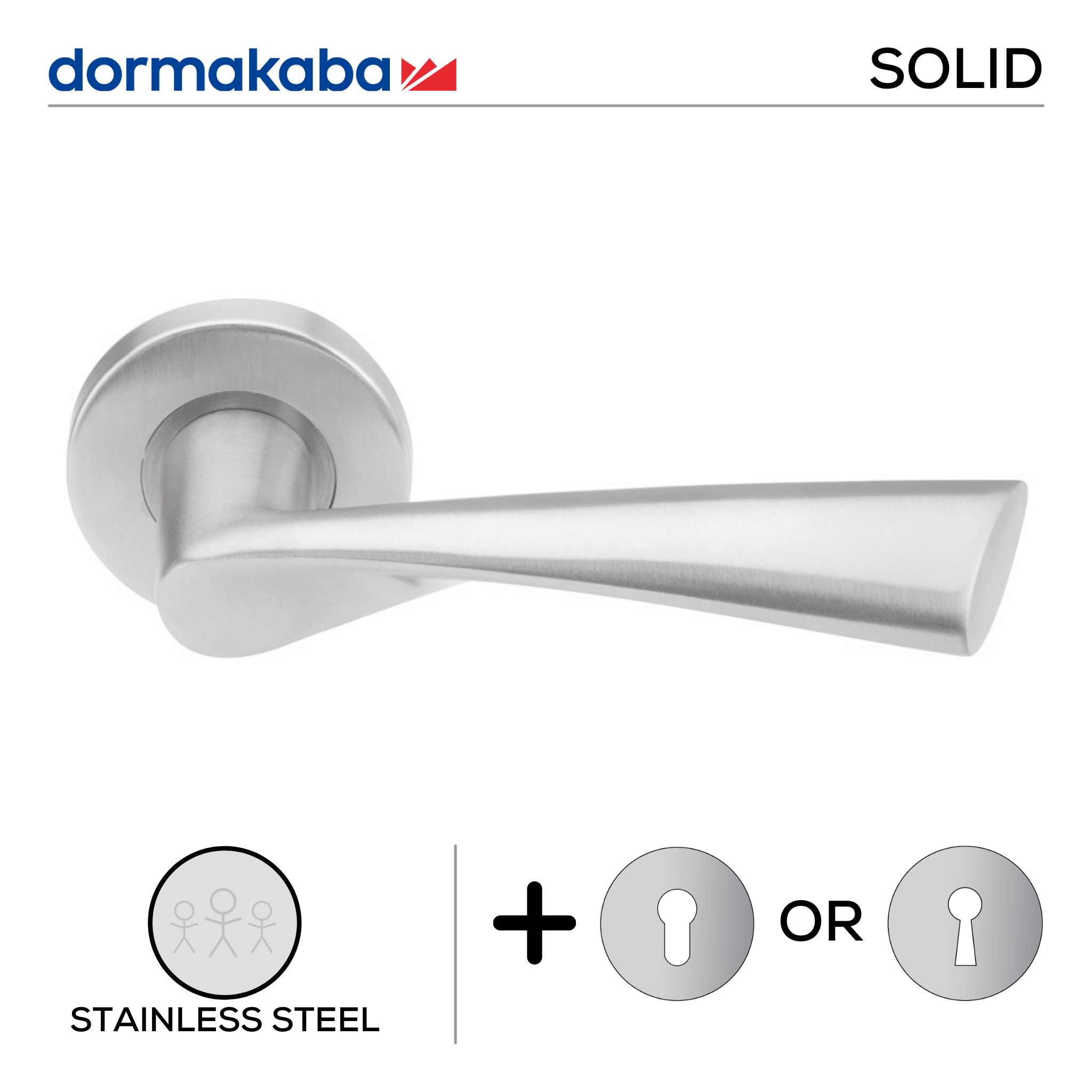SH 815, Lever Handles, Solid, On Round Rose, With Escutcheons, 139mm (l), Stainless Steel, DORMAKABA
