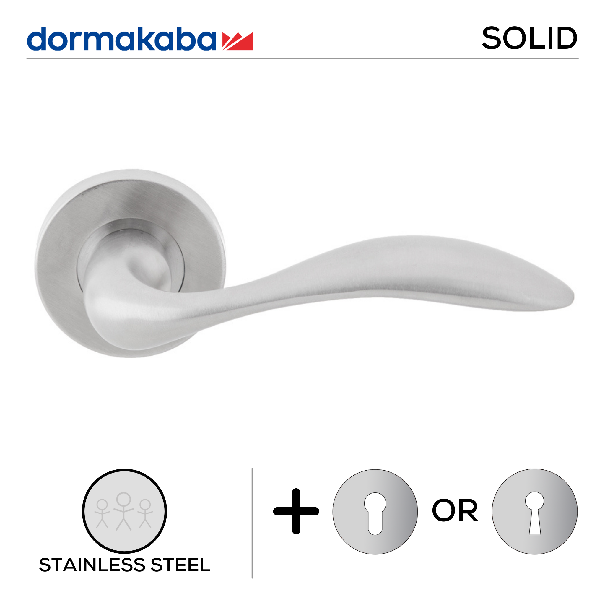 SH 817, Lever Handles, Solid, On Round Rose, With Escutcheons, 145mm (l), Stainless Steel, DORMAKABA