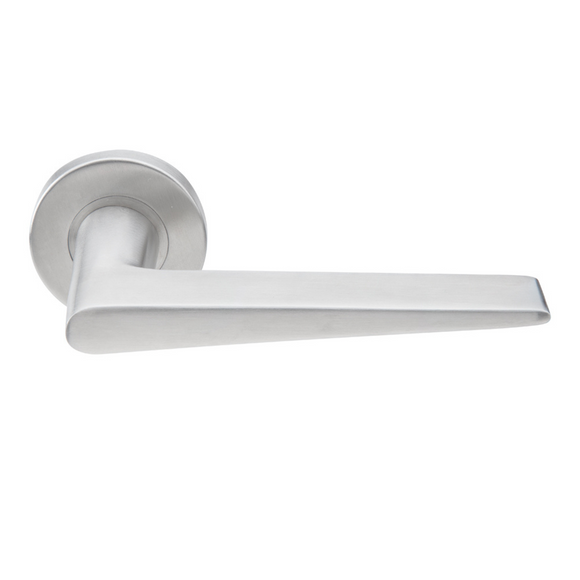 SH 821, Lever Handles, Solid, On Round Rose, With Escutcheons, 143mm (l), Stainless Steel, DORMAKABA