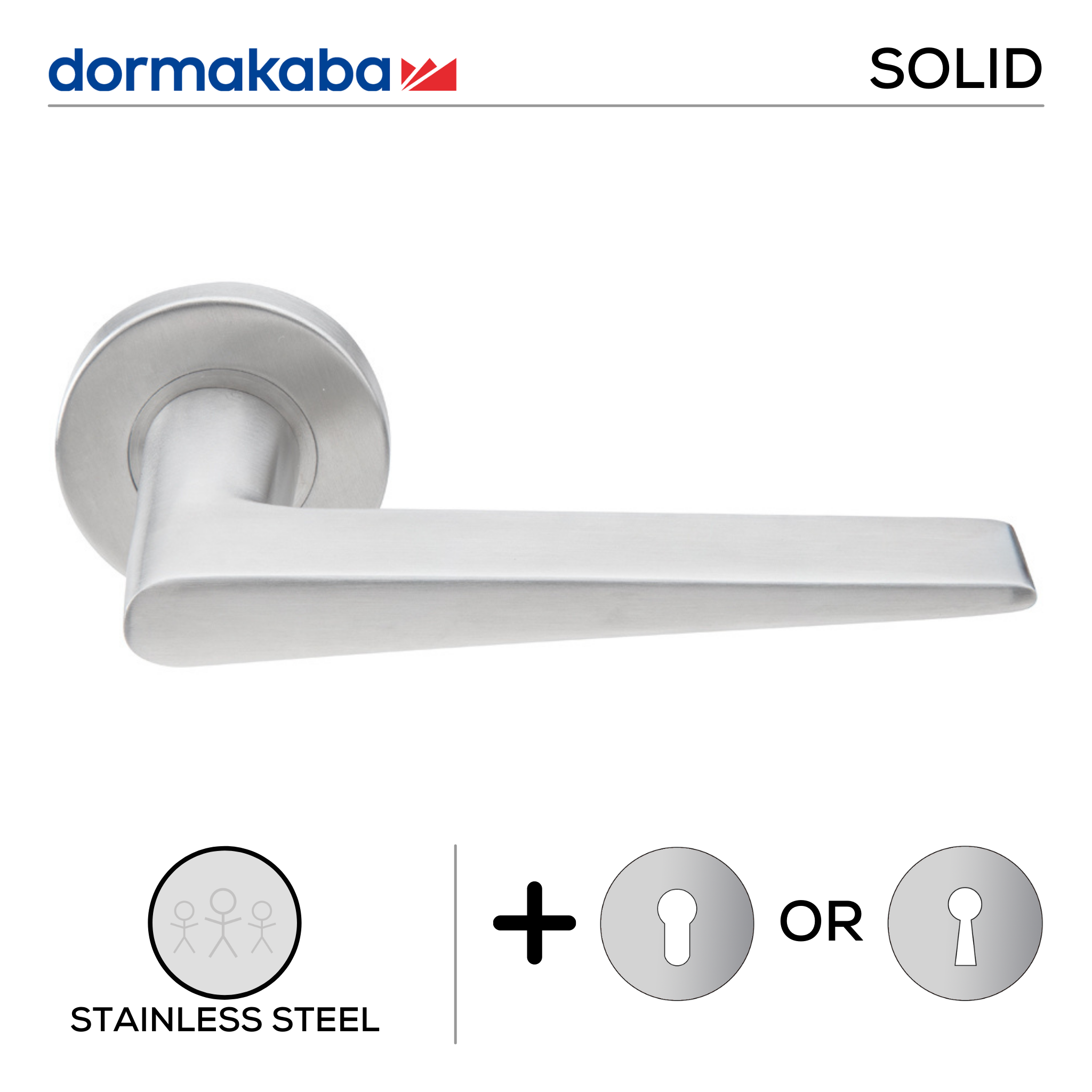 SH 821, Lever Handles, Solid, On Round Rose, With Escutcheons, 143mm (l), Stainless Steel, DORMAKABA