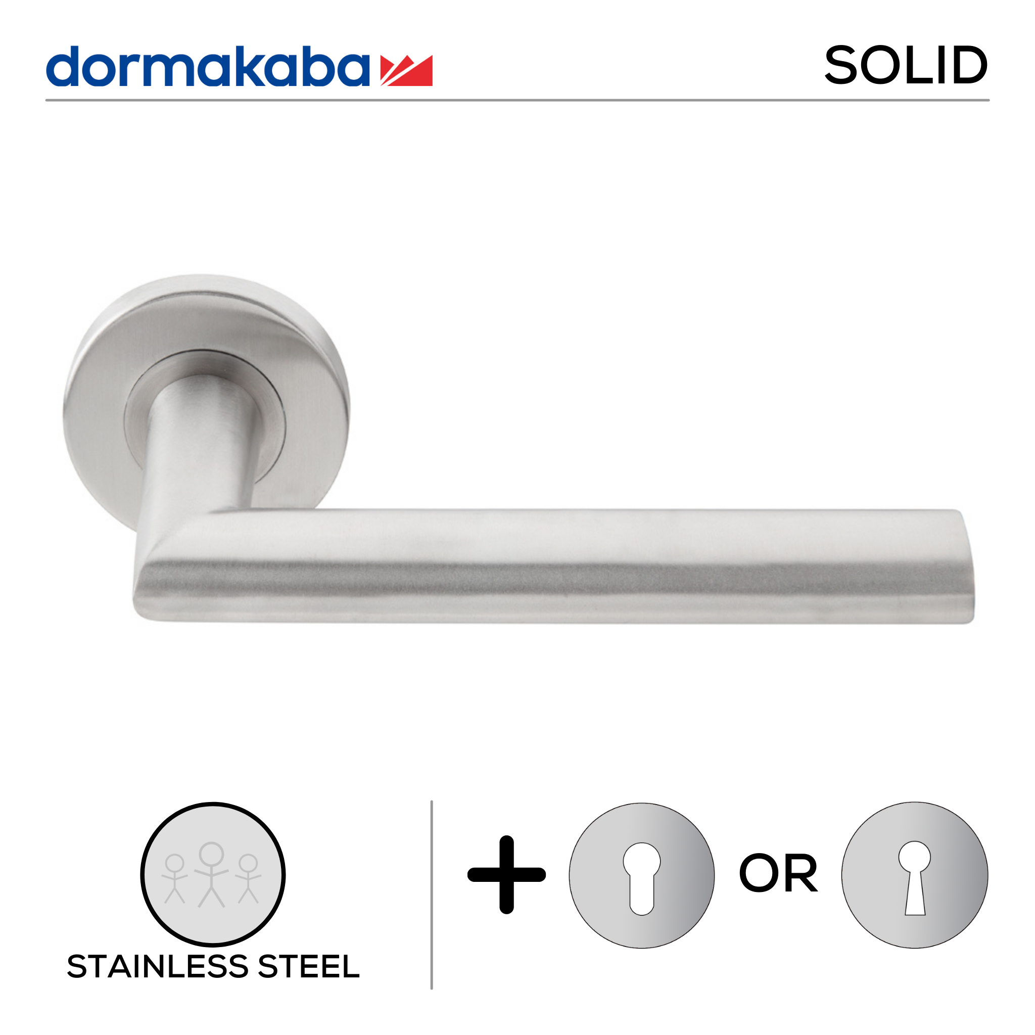 SH 823, Lever Handles, Solid, On Round Rose, With Escutcheons, 151mm (l), Stainless Steel, DORMAKABA