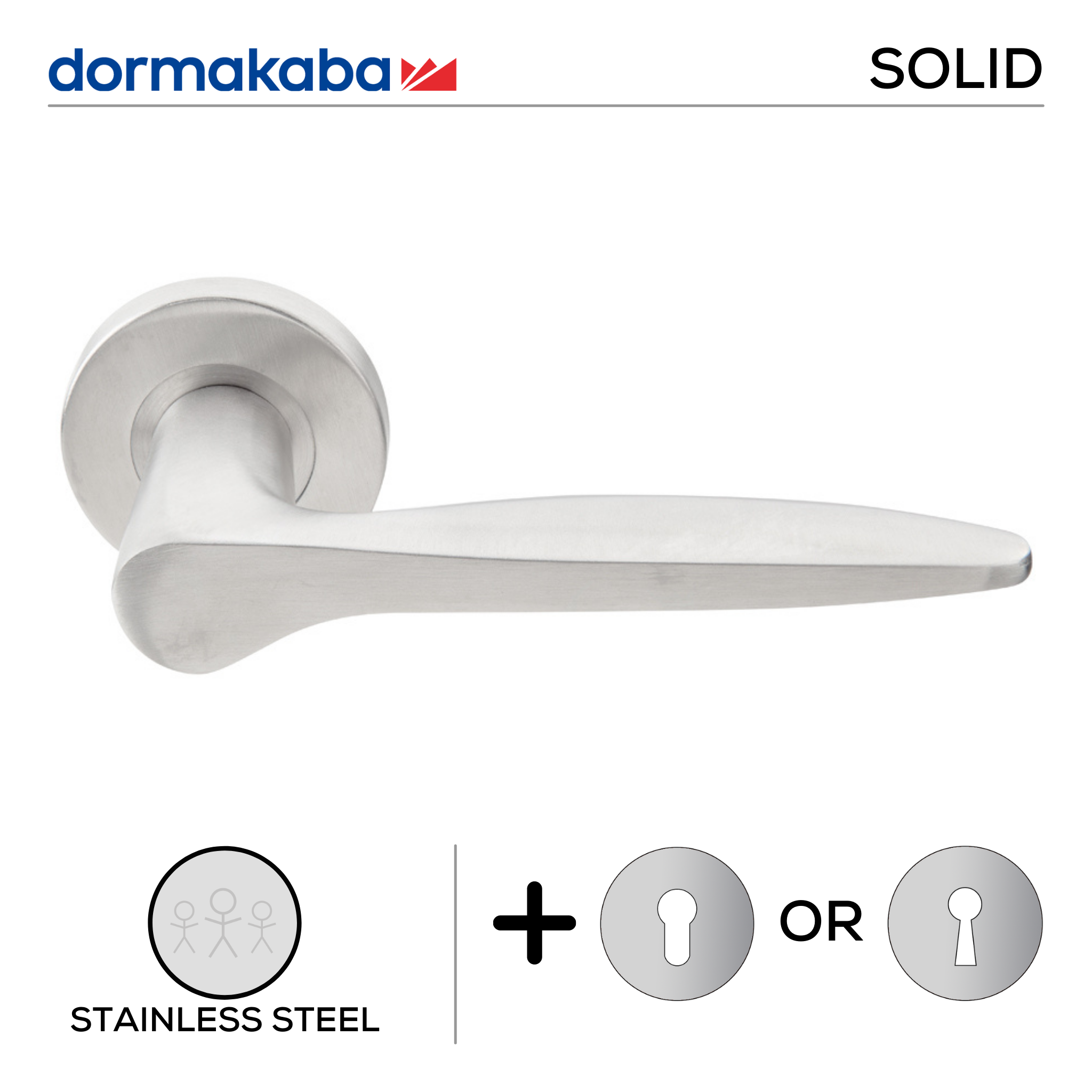 SH 825, Lever Handles, Solid, On Round Rose, With Escutcheons, 145mm (l), Stainless Steel, DORMAKABA