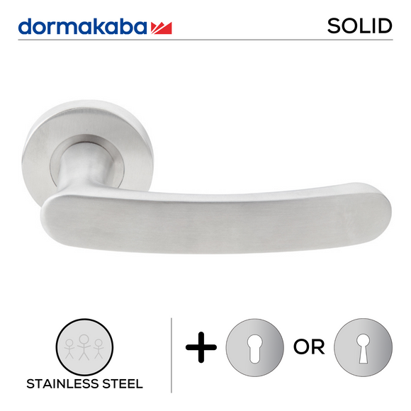 SH 827, Lever Handles, Solid, On Round Rose, With Escutcheons, 137mm (l), Stainless Steel, DORMAKABA