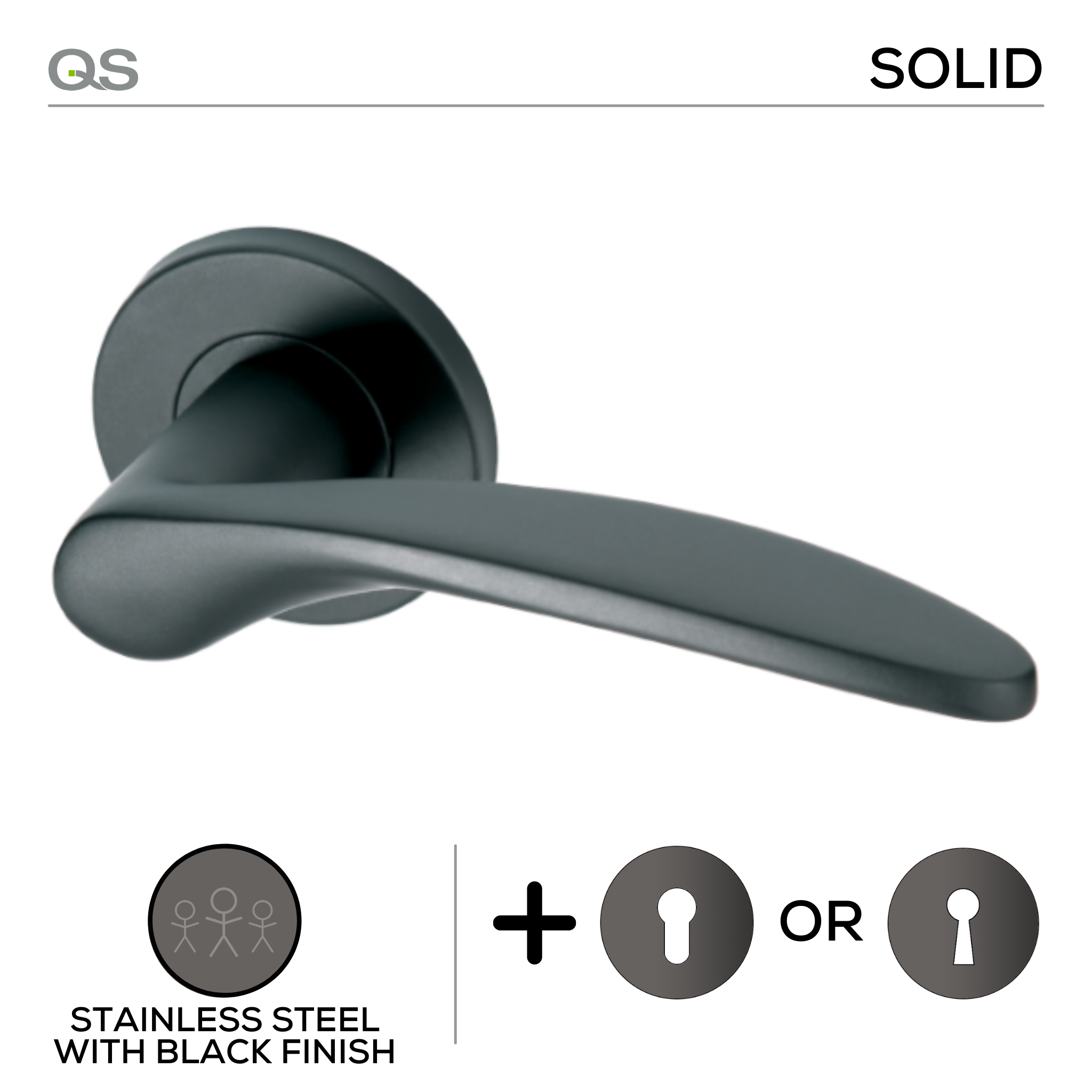Molo Black, Lever Handle, Mork Range Solid, On Round Rose, With Escutcheons, Black Stainless Steel, QS