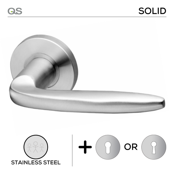 Albourg, Lever Handles, Solid, On Round Rose, With Escutcheons, Stainless Steel, QS