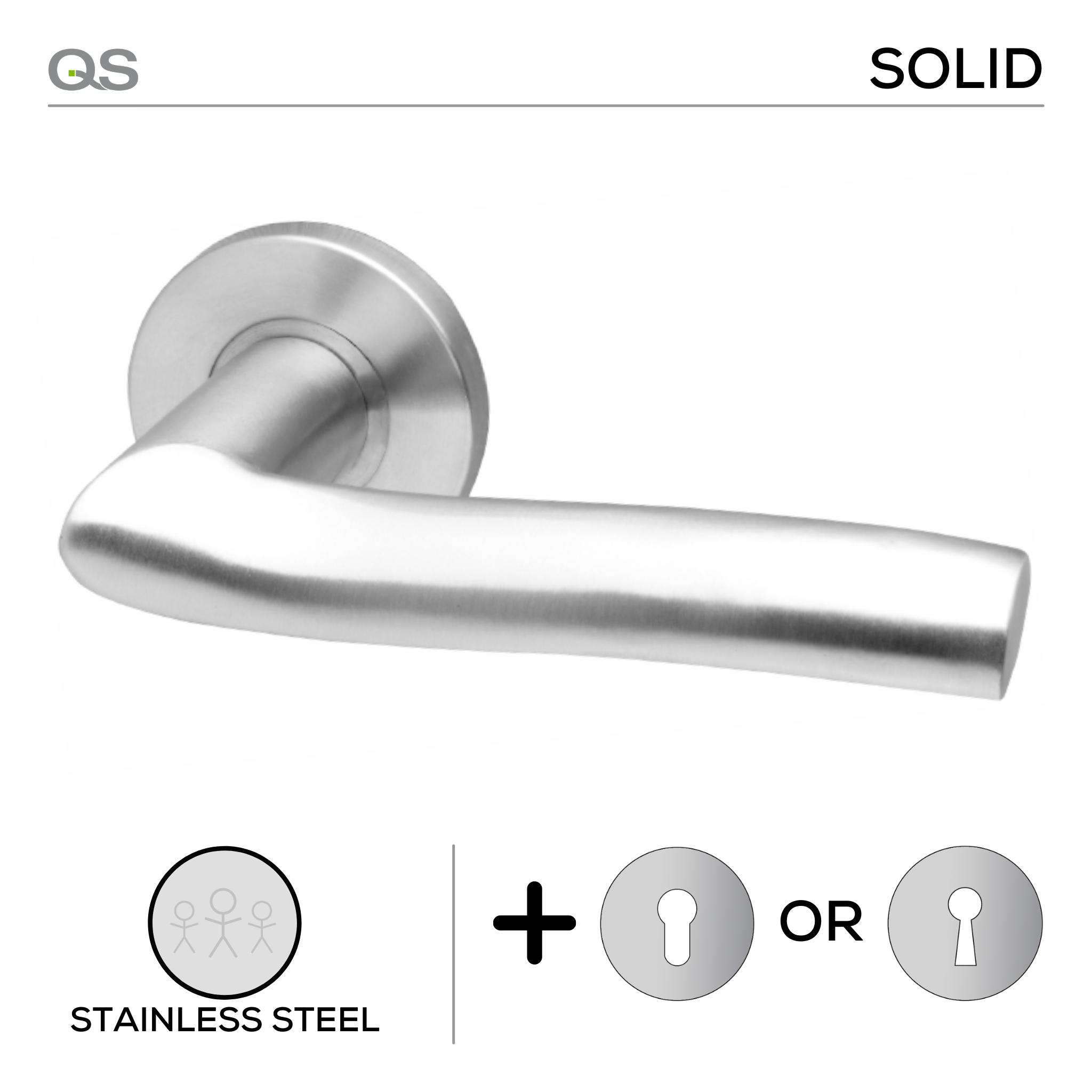 Ariel, Lever Handles, Solid, On Round Rose, With Escutcheons, Stainless Steel, QS
