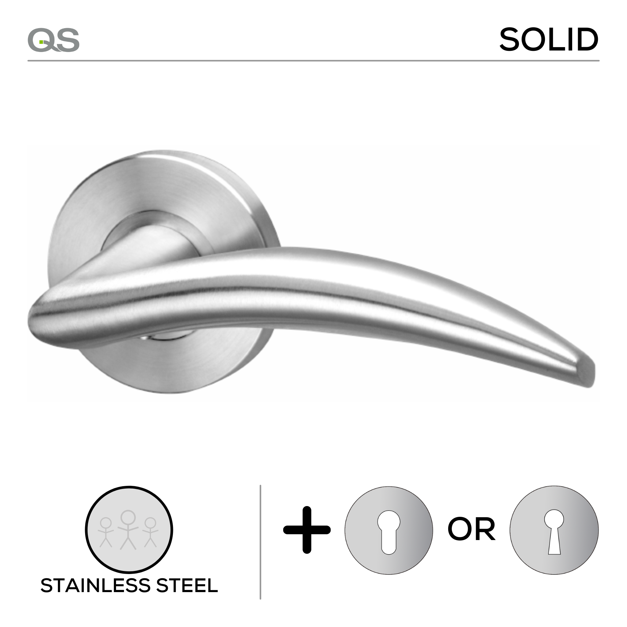 Juniper, Lever Handles, Solid, On Round Rose, With Escutcheons, Stainless Steel, QS