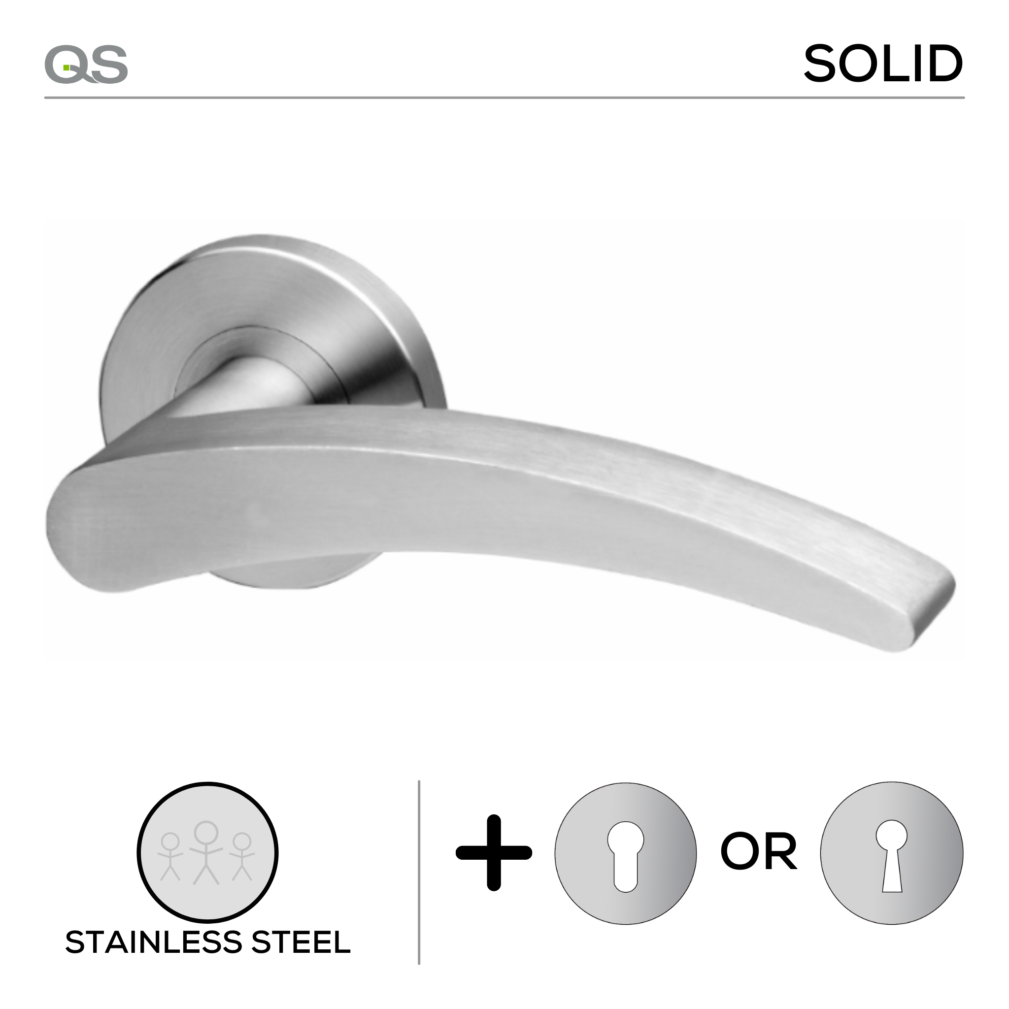 Krusa, Lever Handles, Solid, On Round Rose, With Escutcheons, Stainless Steel, QS