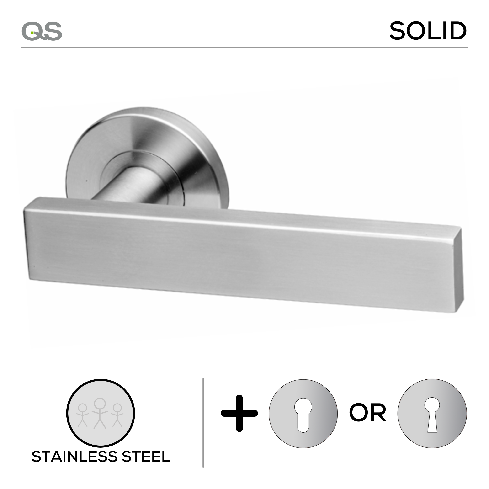 Lahti Round, Lever Handles, Solid, On Round Rose, With Escutcheons, Stainless Steel, QS