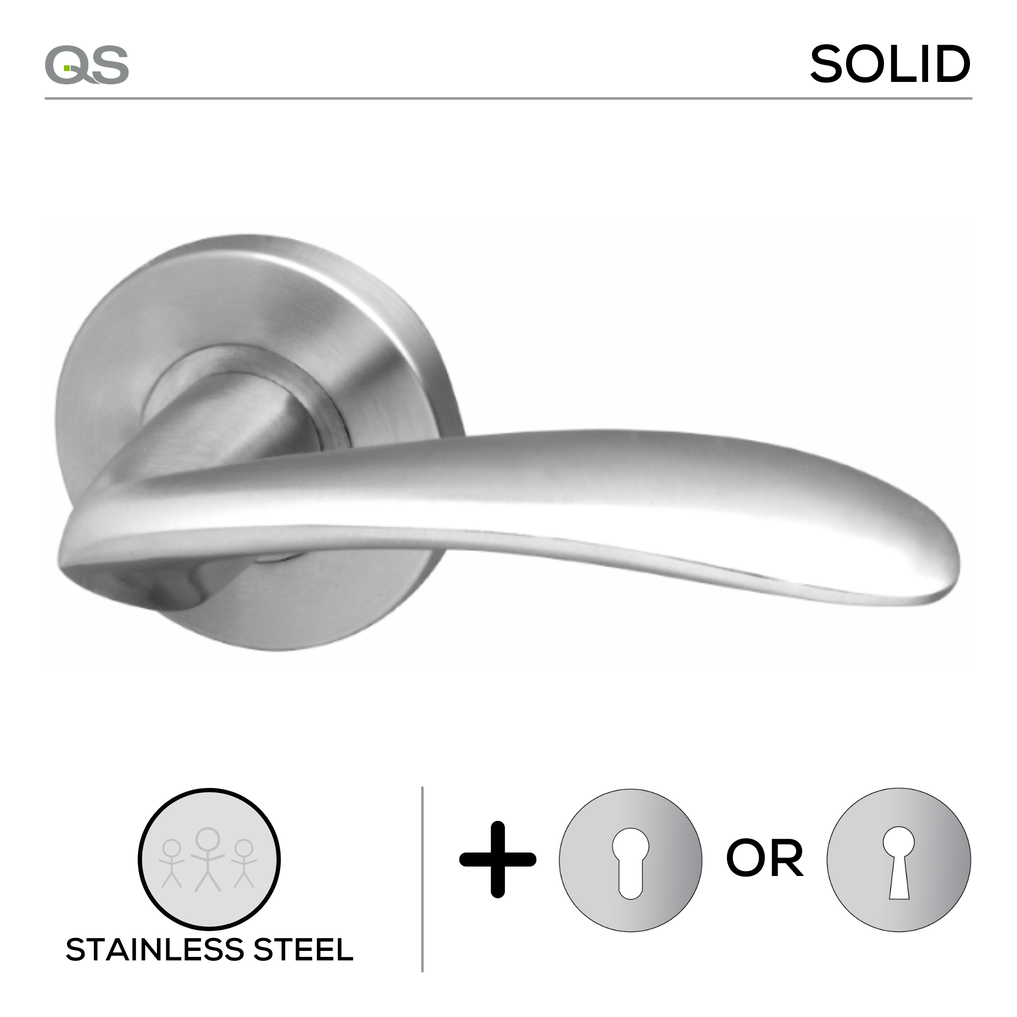 Malindi, Lever Handles, Solid, On Round Rose, With Escutcheons, Stainless Steel, QS
