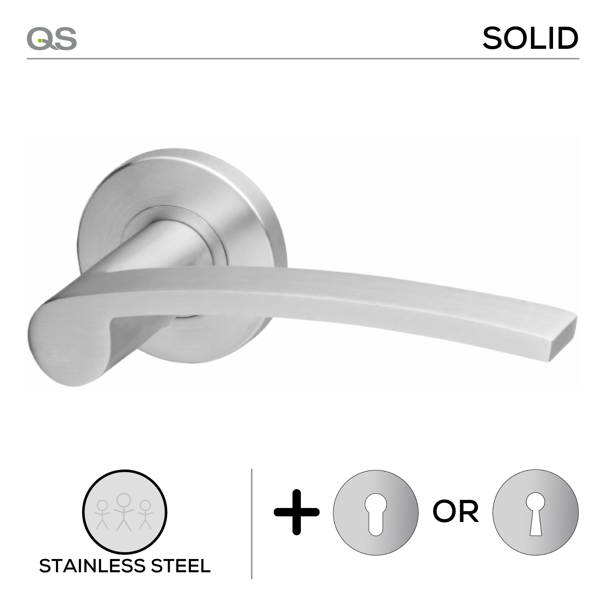 Mila, Lever Handles, Solid, On Round Rose, With Escutcheons, Stainless Steel, QS