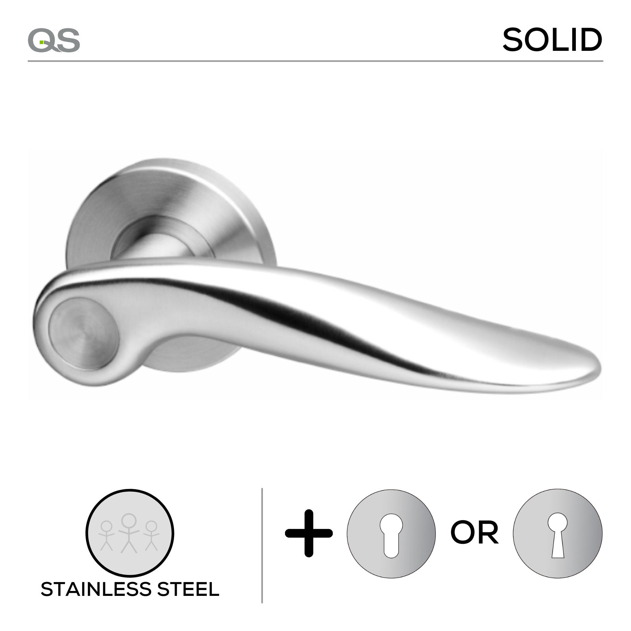 Morombe, Lever Handles, Solid, On Round Rose, With Escutcheons, Stainless Steel, QS