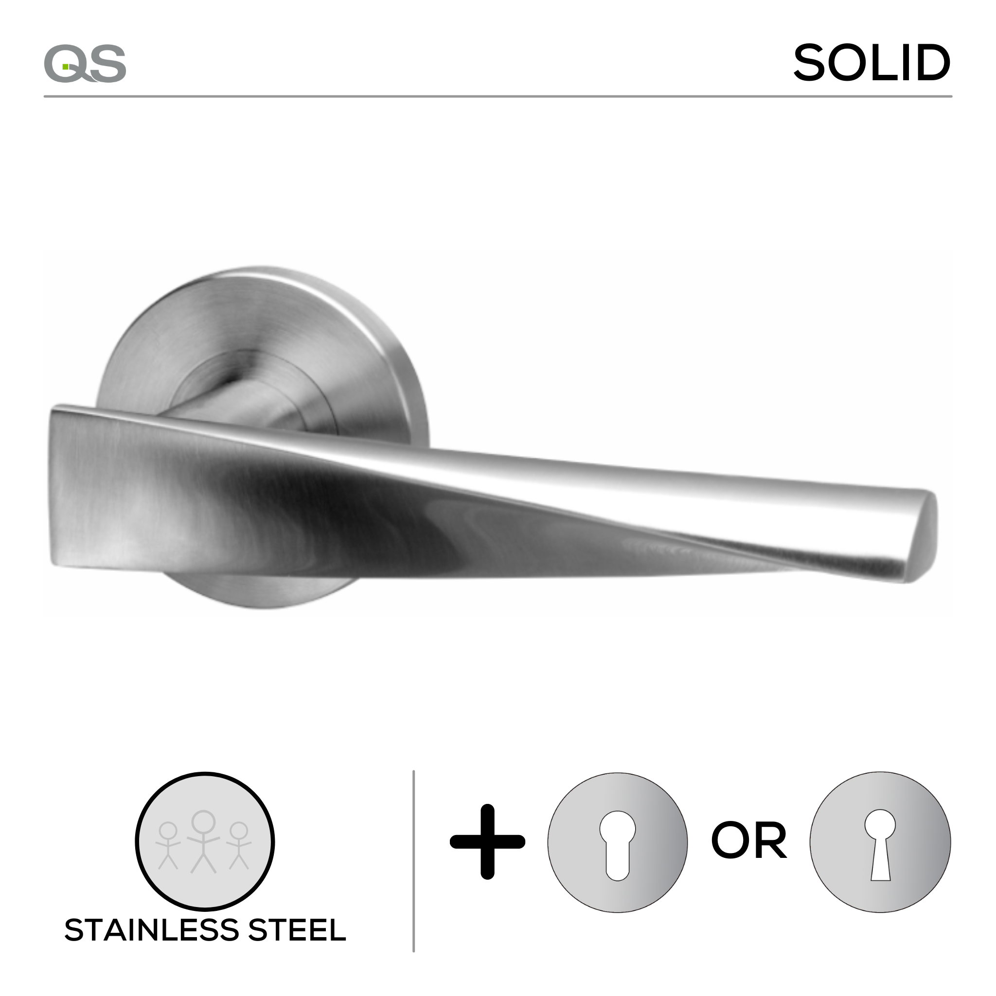 Nexo, Lever Handles, Solid, On Round Rose, With Escutcheons, Stainless Steel, QS