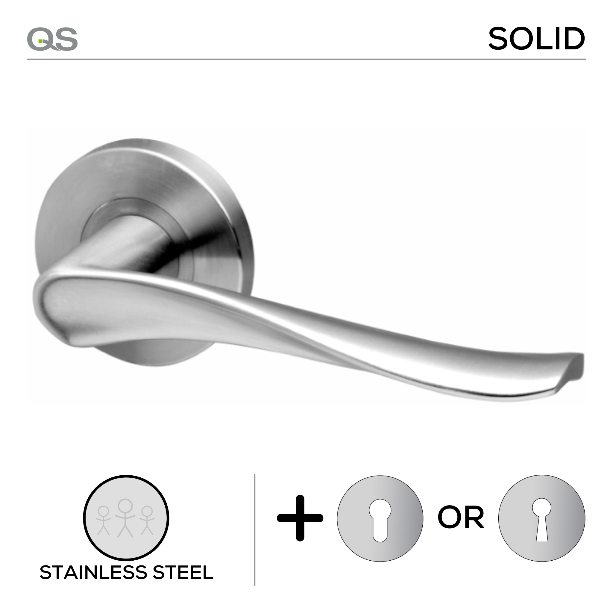 Nybro, Lever Handles, Solid, On Round Rose, With Escutcheons, Stainless Steel, QS