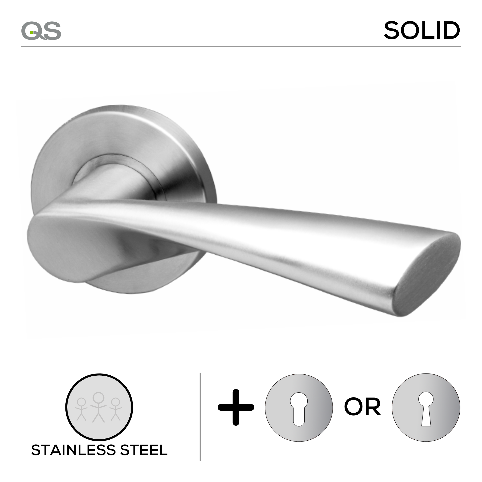 Sambava, Lever Handles, Solid, On Round Rose, With Escutcheons, Stainless Steel, QS