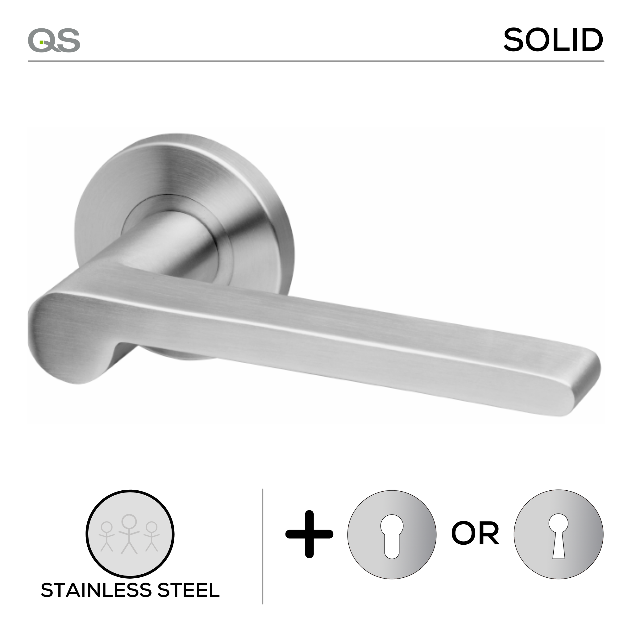 Sanda, Lever Handles, Solid, On Round Rose, With Escutcheons, Stainless Steel, QS