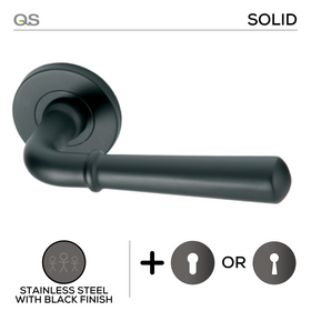 Narvick Black, Lever Handle, Mork Range Solid, On Round Rose, With Escutcheons, Black Stainless Steel, QS