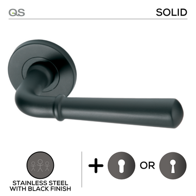 Narvick Black, Lever Handle, Mork Range Solid, On Round Rose, With Escutcheons, Black Stainless Steel, QS