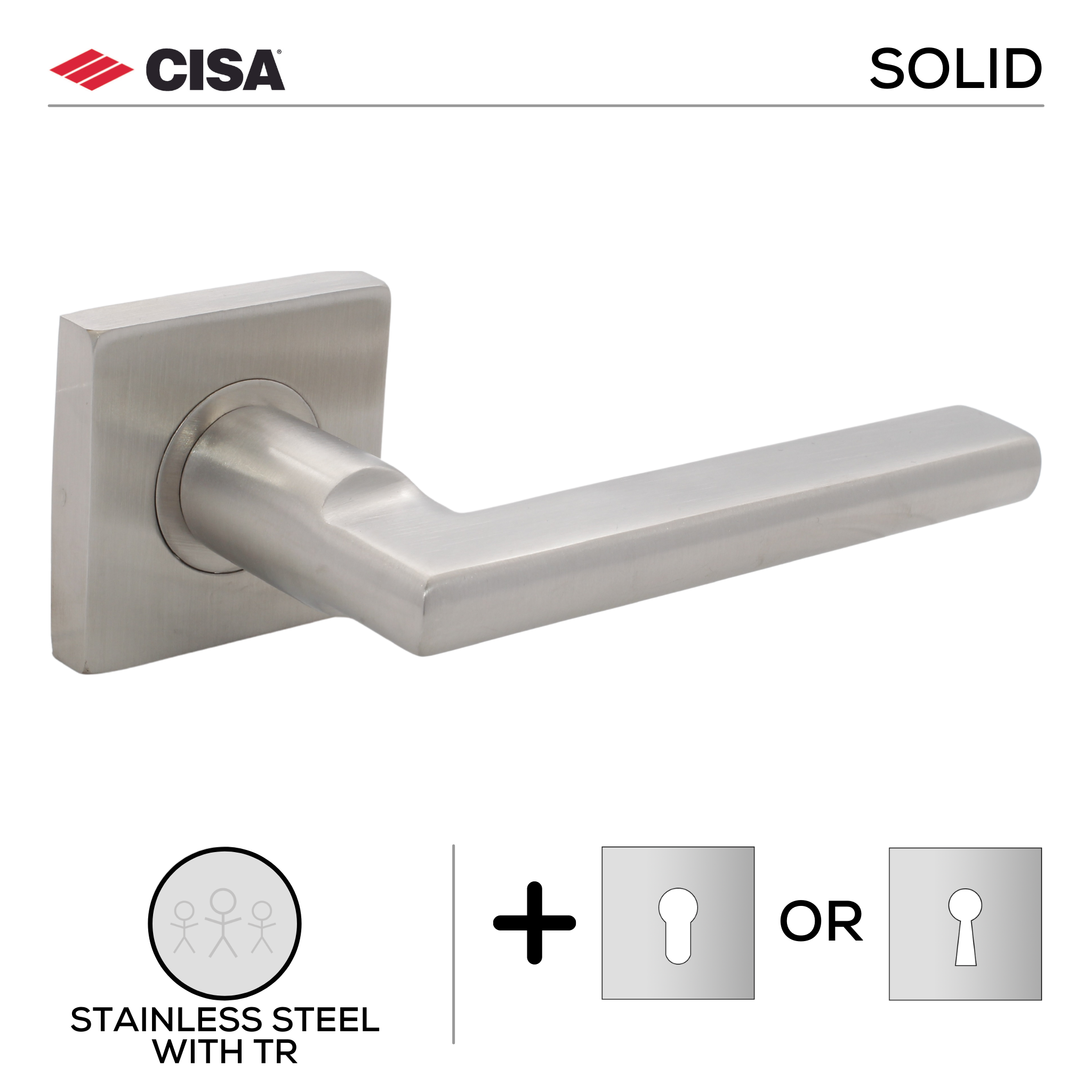 FS103.S._.TR, Lever Handles, Solid, On Square Rose, With Escutcheons, 134mm (l), Stainless Steel with Tarnish Resistant, CISA