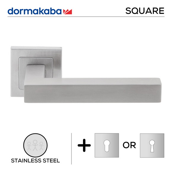 DSQ 901, Lever Handles, Square, On Square Rose, With Escutcheons, 143mm (l), Stainless Steel, DORMAKABA