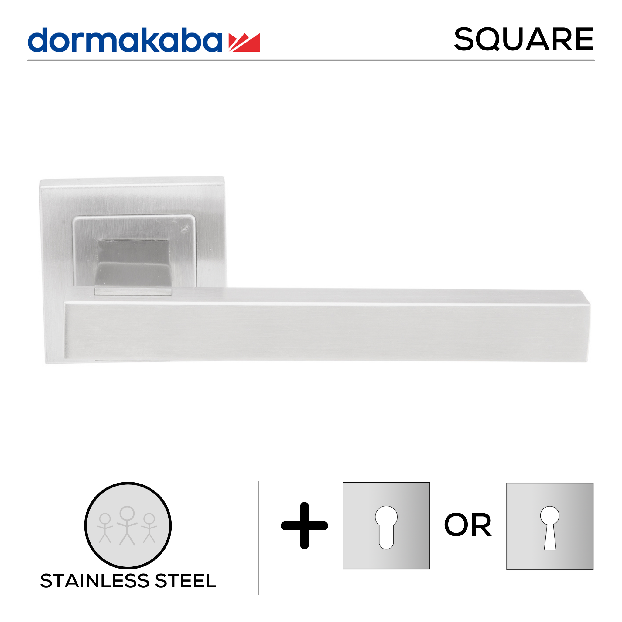DSQ 902, Lever Handles, Square, On Square Rose, With Escutcheons, 145mm (l), Stainless Steel, DORMAKABA