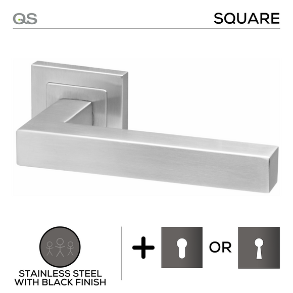 Dala Black, Lever Handles, Square, On Square Rose, With Escutcheons, Black Stainless Steel, QS