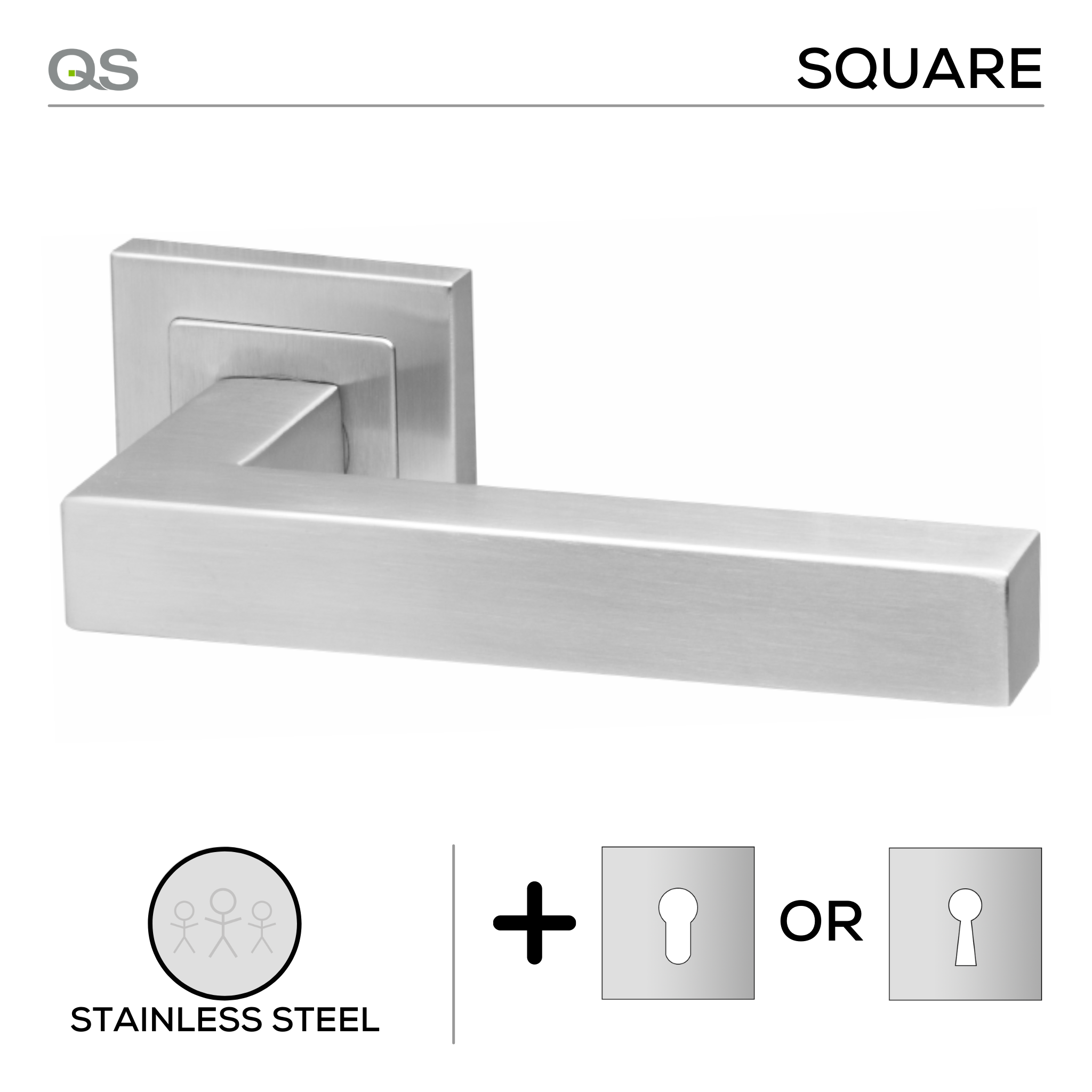 Dala, Lever Handles, Square, On Square Rose, With Escutcheons, Stainless Steel, QS