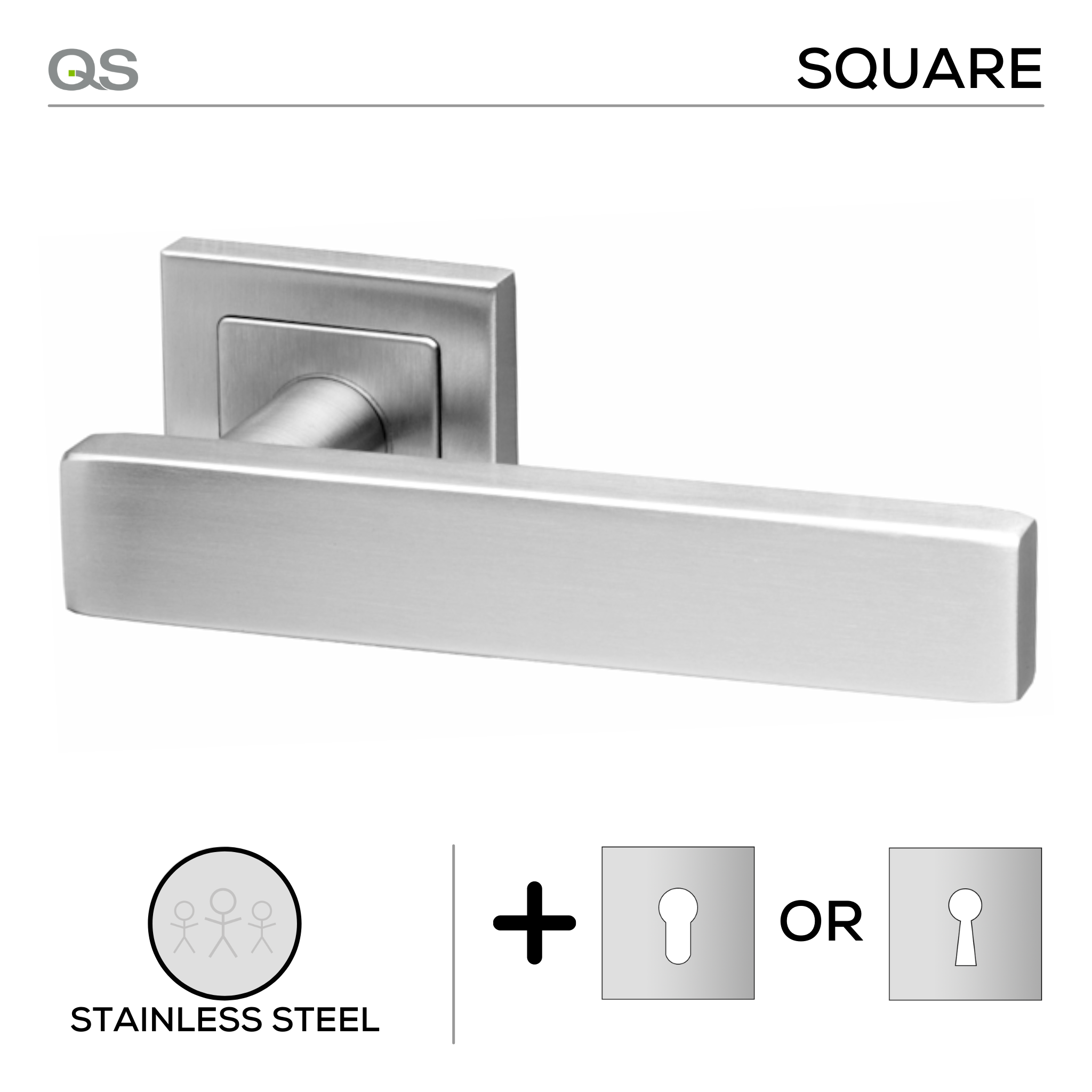 Lahti Square, Lever Handles, Square, On Square Rose, With Escutcheons, Stainless Steel, QS