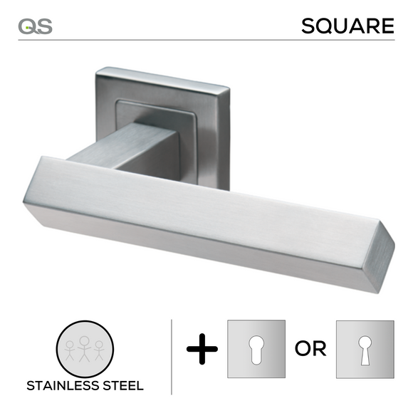 Helsinki, Lever Handles, Square, On Square Rose, With Escutcheons, Stainless Steel, QS