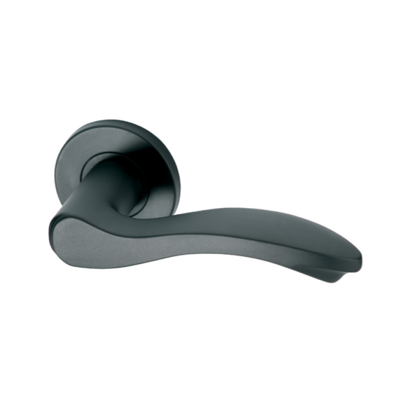 Salo Black, Lever Handle, Mork Range Form, On Round Rose, With Escutcheons, Black Stainless Steel, QS