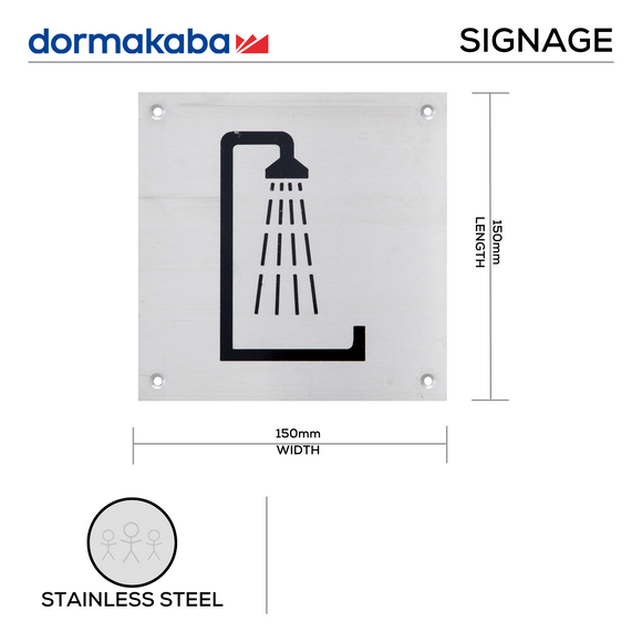 DSS-139, Door Signage, Shower , 150mm (l), 150mm (w), 1,2mm (t), Stainless Steel, DORMAKABA