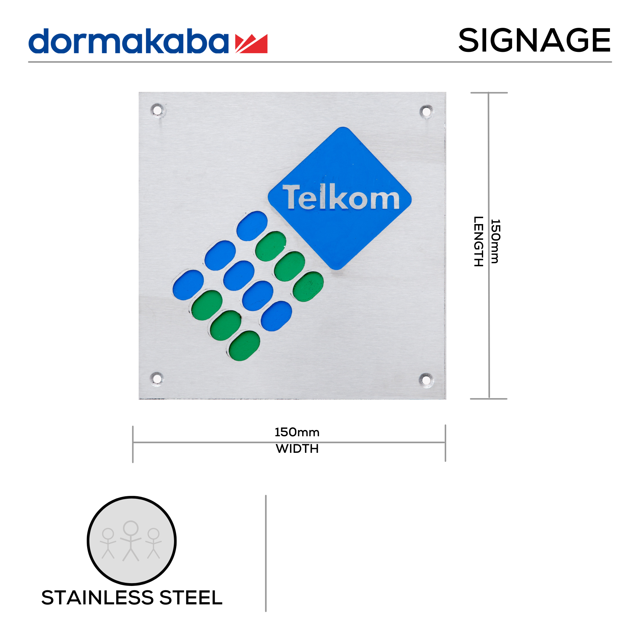 DSS-137, Door Signage, Telkom/Telephone , 150mm (l), 150mm (w), 1,2mm (t), Stainless Steel, DORMAKABA