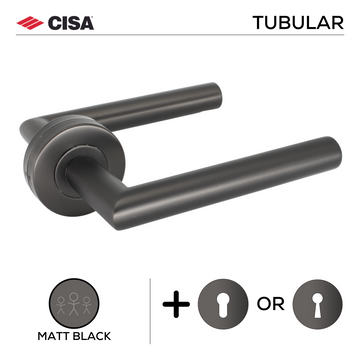 Main product view of CISA Matt Black Lever Handle, made for patio and sliding doors with dark, sleek, and ready to stand out, 134mm (l).