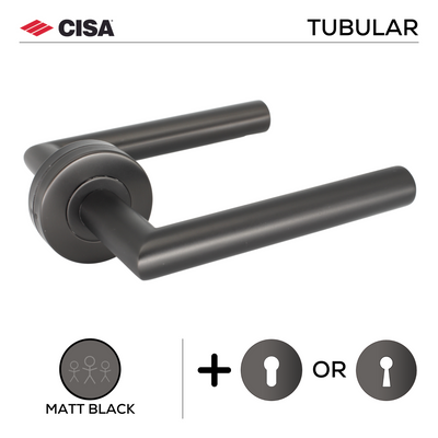 FT02.R._.MBL, Lever Handles, Tubular, On Round Rose, With Escutcheons, 134mm (l), Matt Black, CISA