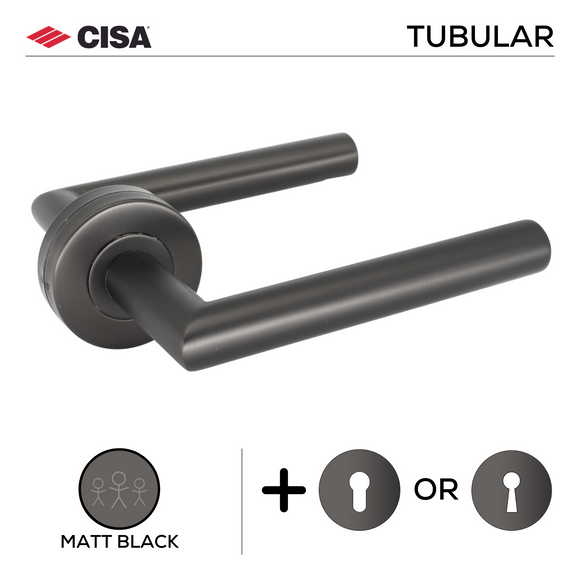 FT02.R._.MBL, Lever Handles, Tubular, On Round Rose, With Escutcheons, 134mm (l), Matt Black, CISA