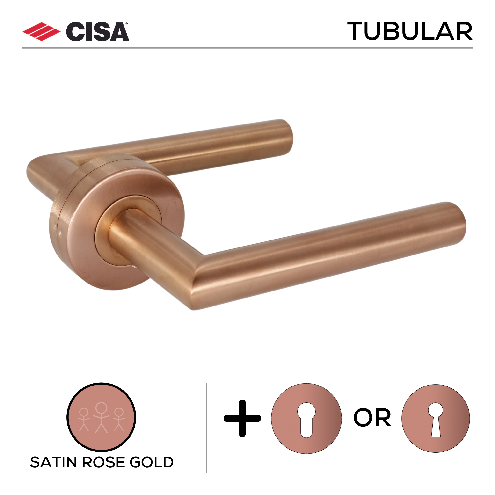 FT02.R._.SRG, Lever Handles, Tubular, On Round Rose, With Escutcheons, 134mm (l), Satin Rose Gold, CISA