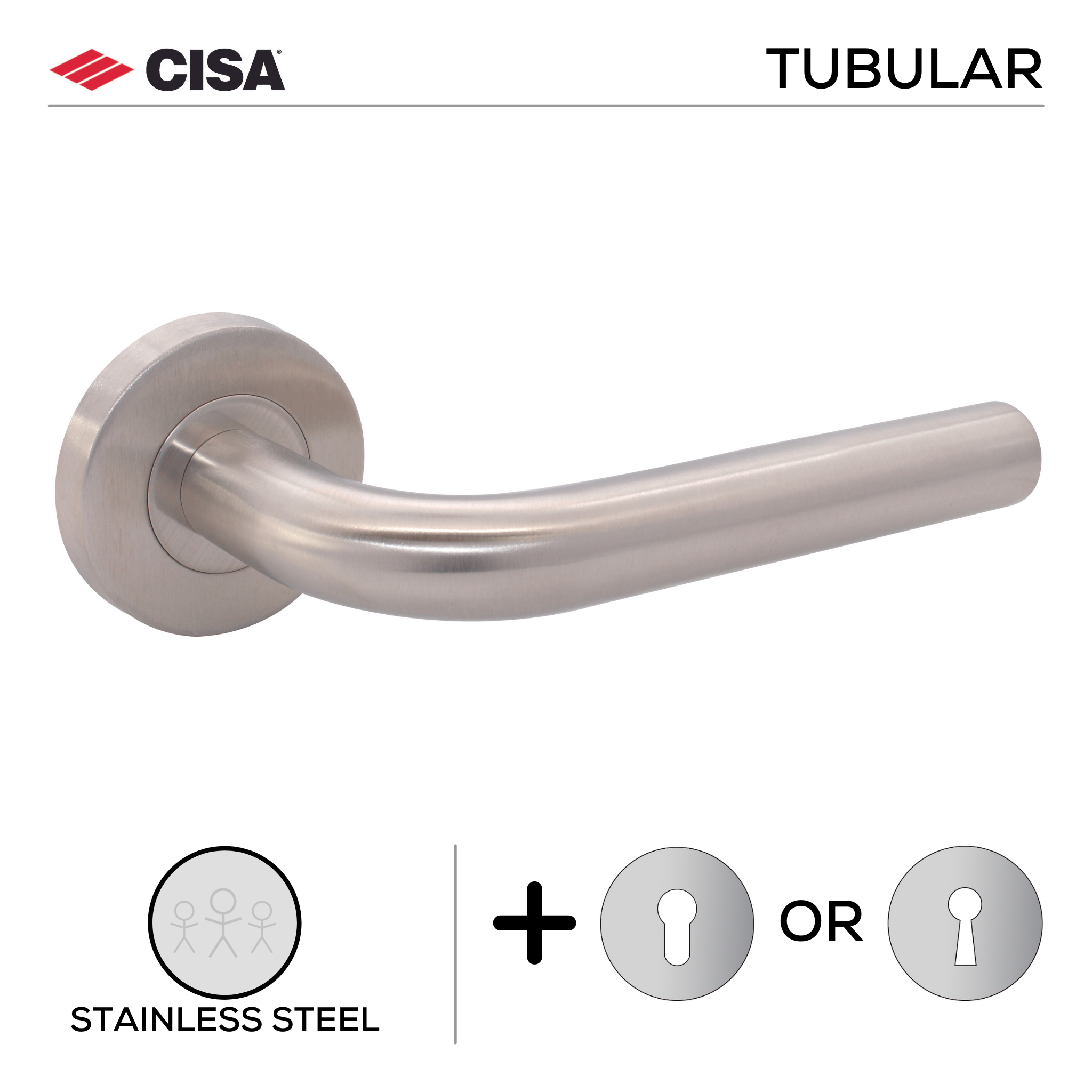 FT01.R._.SS, Lever Handles, Tubular, On Round Rose, With Escutcheons, 134mm (l), Stainless Steel, CISA