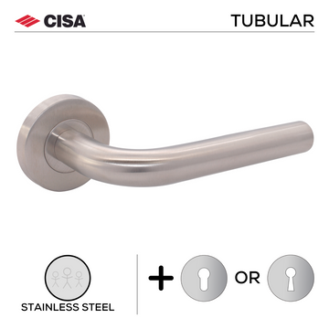 Main product view of CISA Stainless Steel Lever Handle, made for patio and sliding doors with tough stainless shine, 134mm (l).
